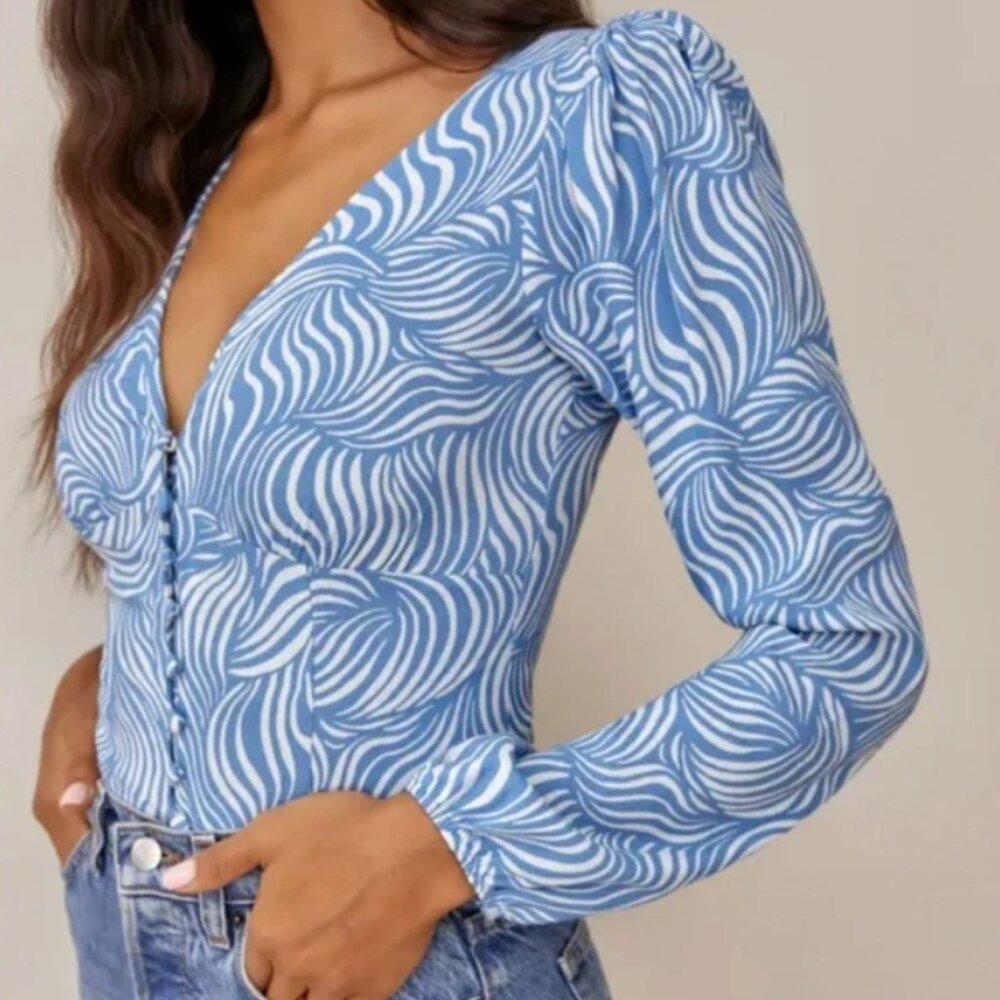 Reformation Nell Button Up Blouse - Blue Zebra XS